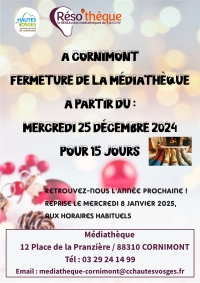 Fermeture de la médiathèque pour les fêtes de fin d&#039;année